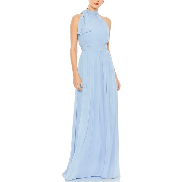 Mac Duggal High Neck Bow Chiffon Gown Dress Powder Blue size 12